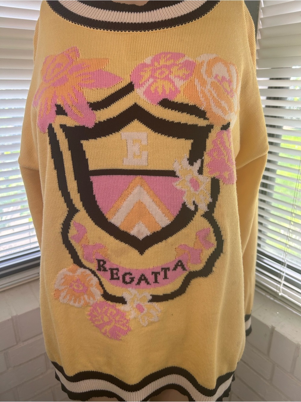 Escada Yellow Floral Crest Crewneck Sweater with Pink Accents